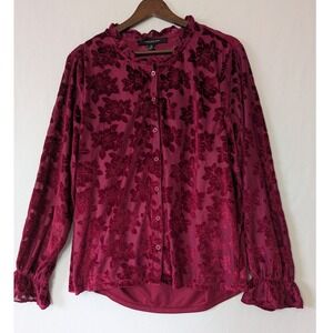 Marc‎ New York Floral Burnout Velvet Button Up Top XL Whimsygoth Renaissance Red